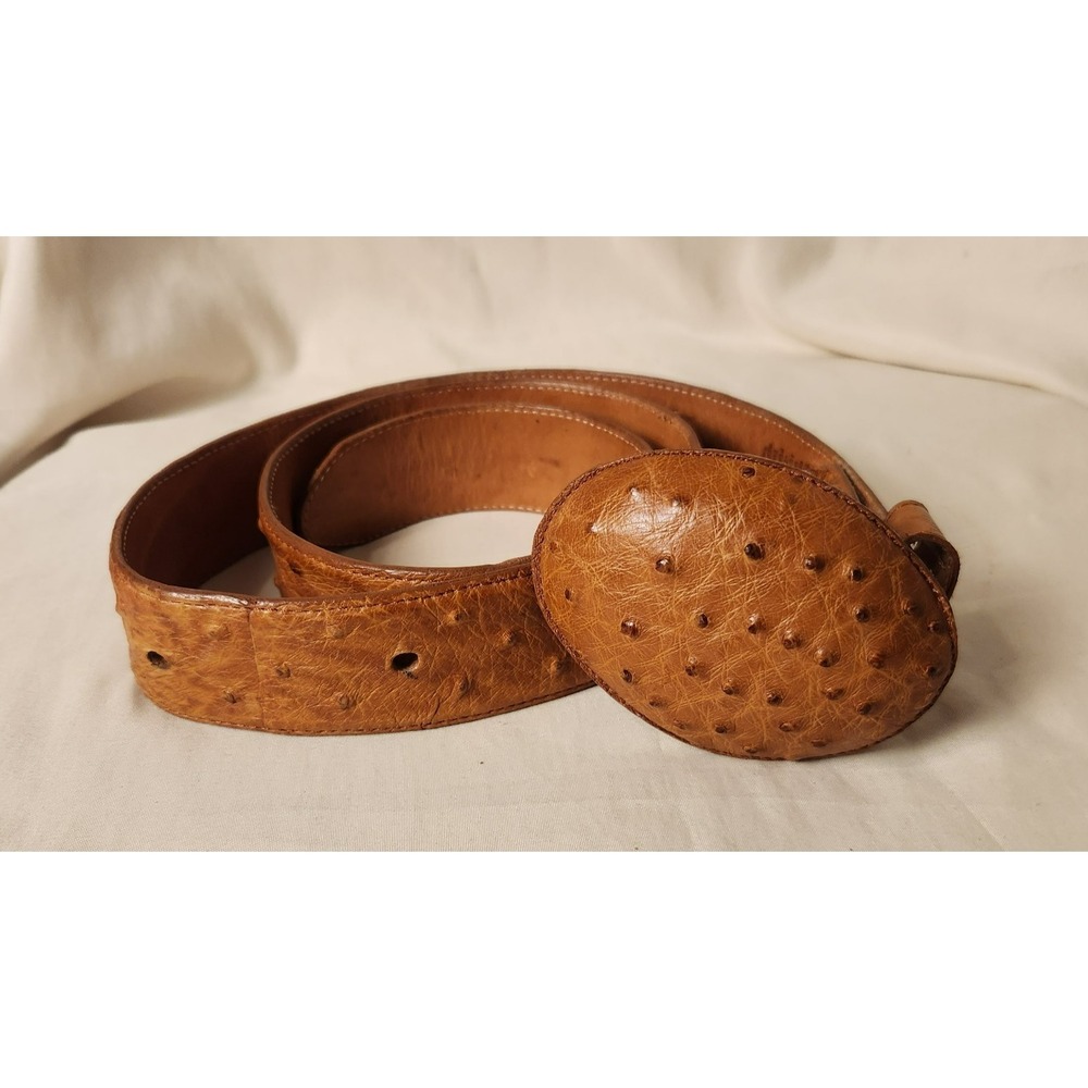 Bandido Boots Full Quill Ostrich Skin Belt Mens Cognac Brown Trophy Buckle